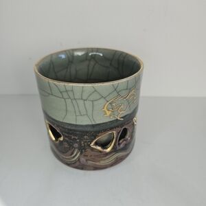 Vintage Obori Somayaki Golden Horse Double Wall Japanese Tea Cup Heart sake